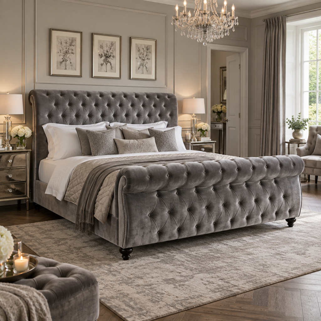 Chesterfield Sleigh Bed in grey velvet