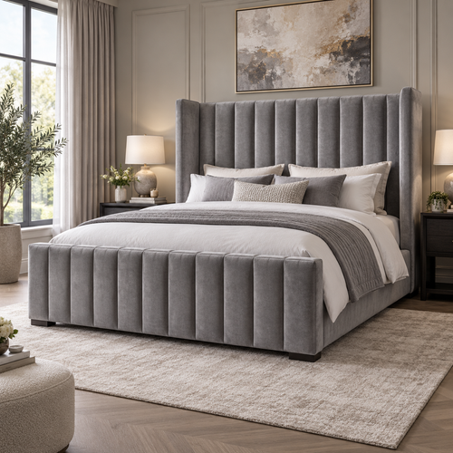 New York Winged Bed in grey velvet