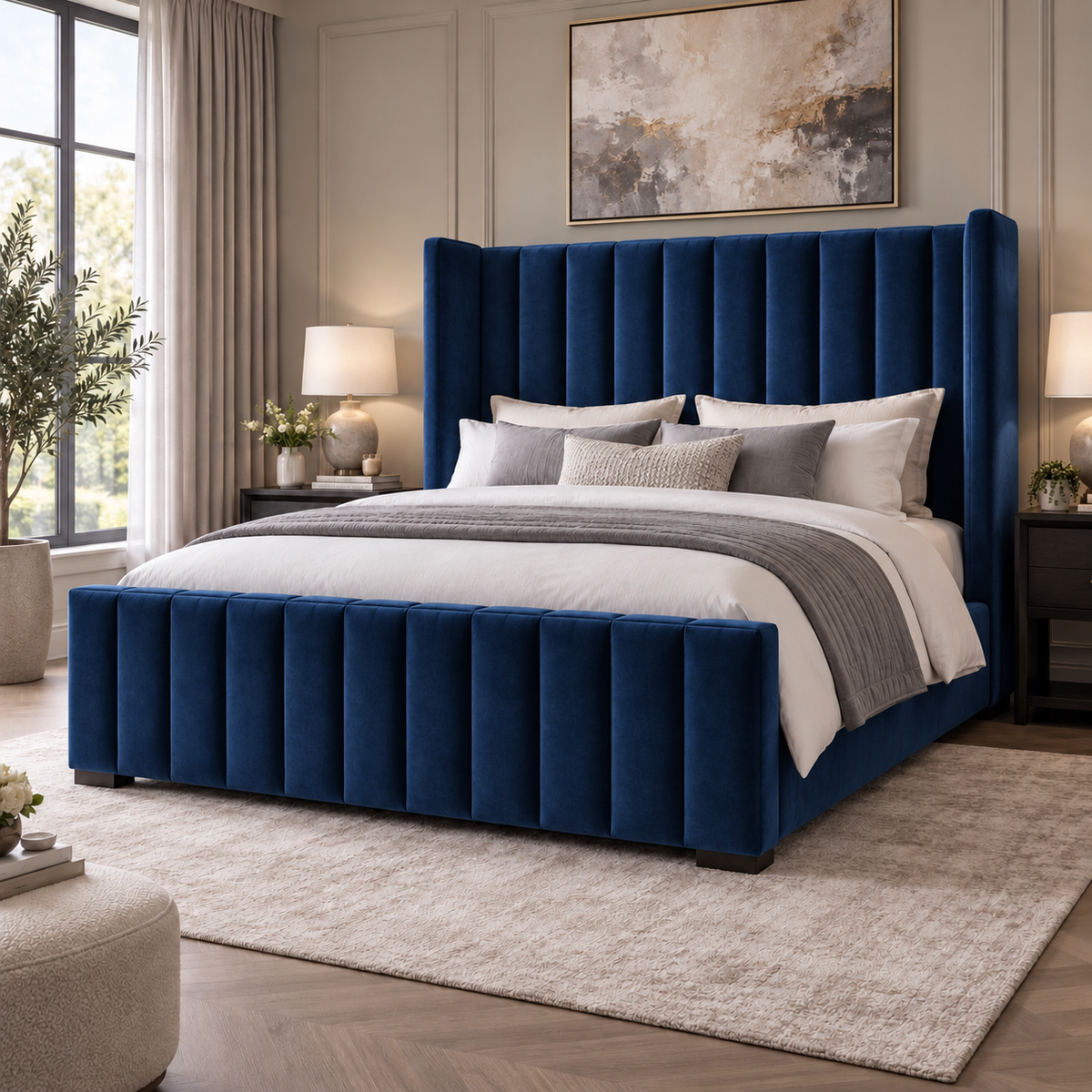 New York Winged Bed in navy blue velvet