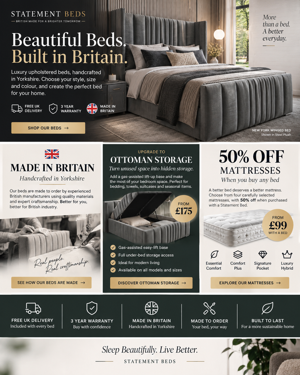 Statement Beds promotions: British-made beds, ottoman storage and 50% off mattresses