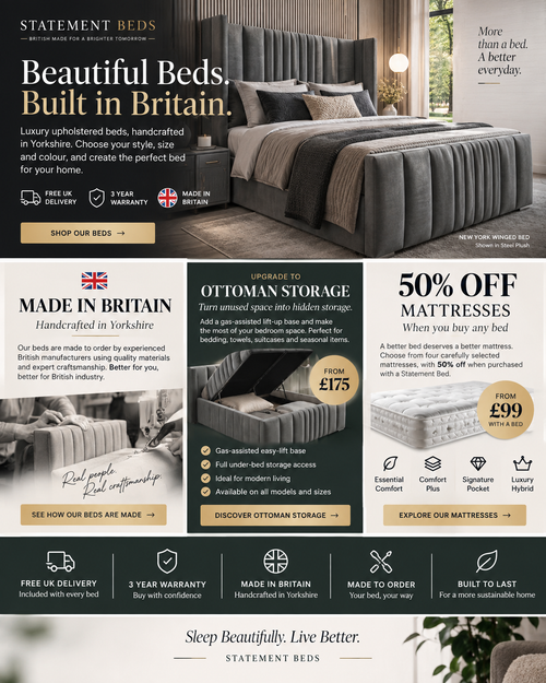 Statement Beds promotions: British-made beds, ottoman storage and 50% off mattresses