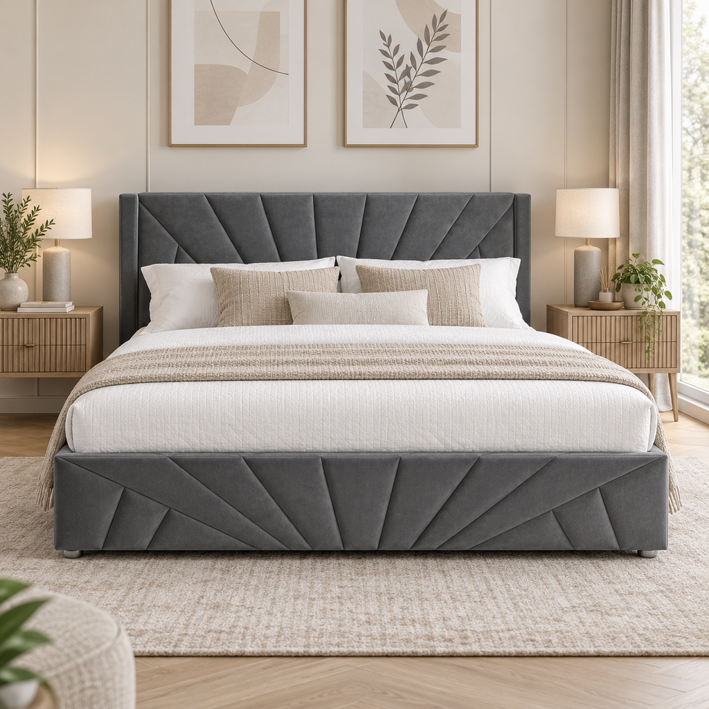Sunrise Art Deco Bed in grey velvet
